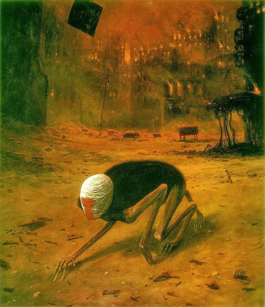 Untitled — crouching figure — Zdzisław Beksiński