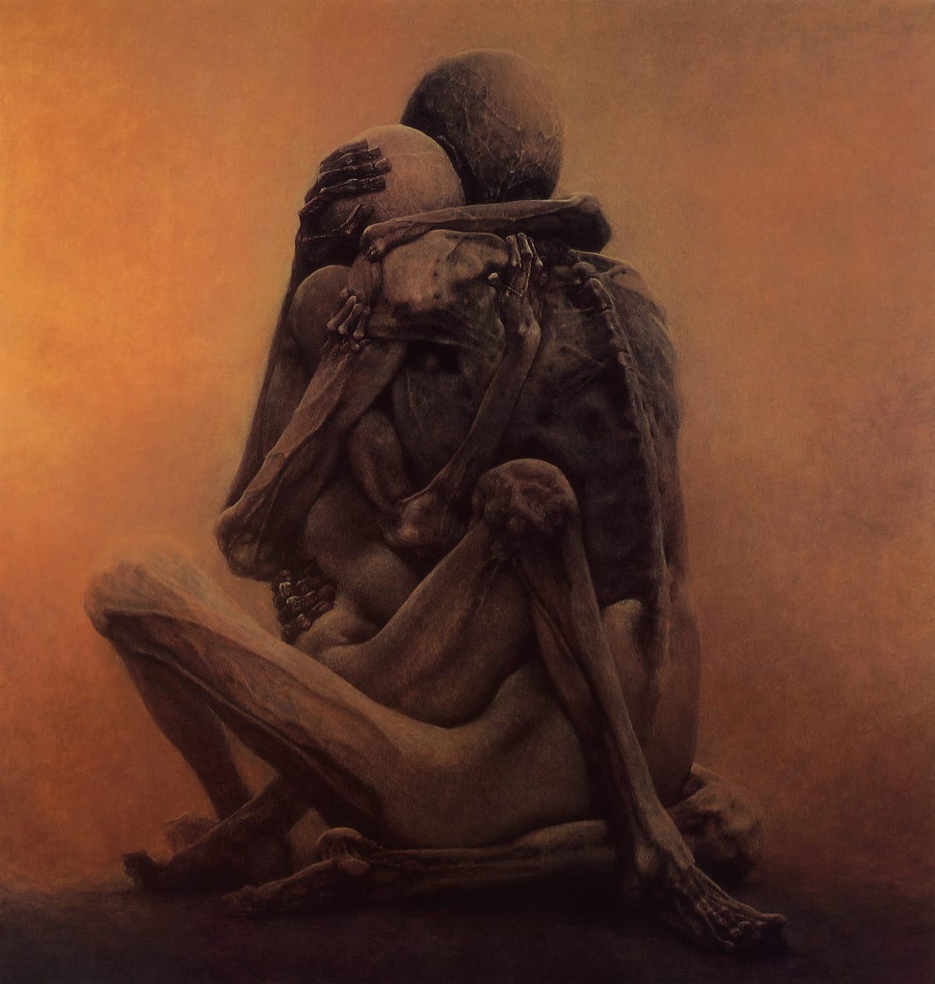 Untitled — two shrouded figures in an ochre void — Zdzisław Beksiński