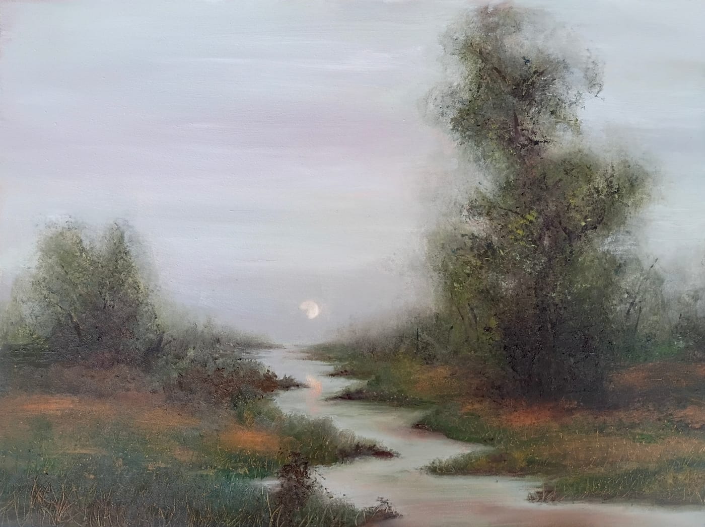 Oil painting of a misty river winding toward a low moon, soft trees along the banks