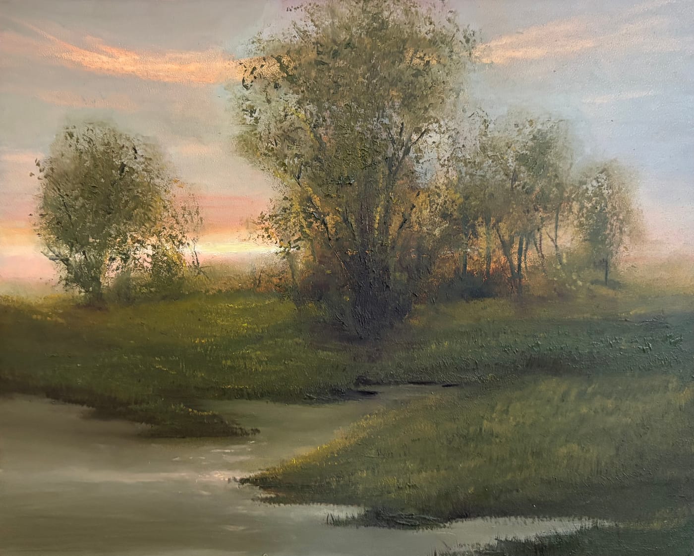 Oil painting of a grove of trees beside still water under a soft pink sunset