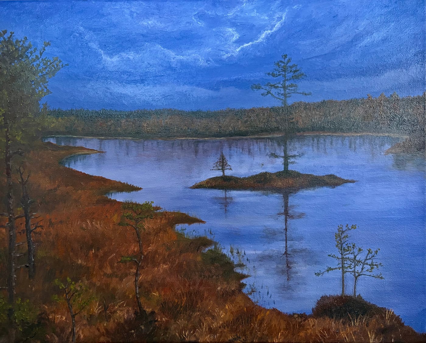 Painting of a still blue bog lake dotted with small pine-covered islands
