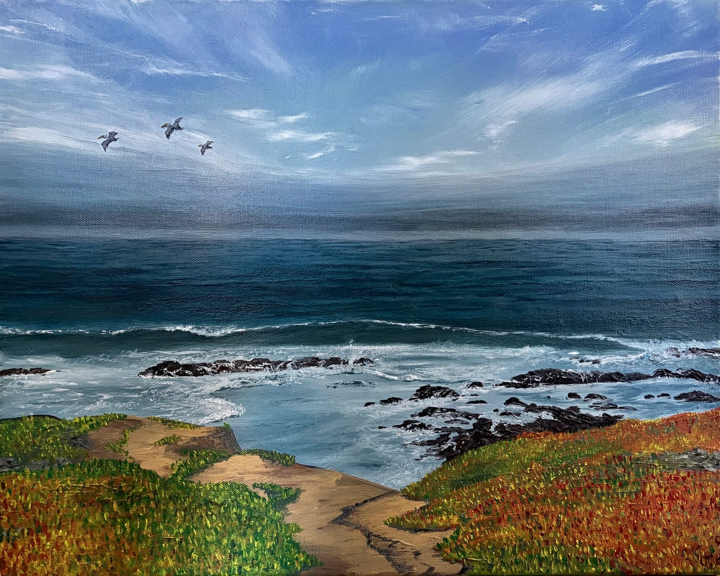 Painting of waves breaking on coastal rocks below a bluff, birds over the sea
